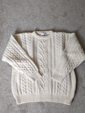 VINTAGE Men's Wool Fisherman Sweater XL Ivory Cream Cable Knit Shetland Pullover
